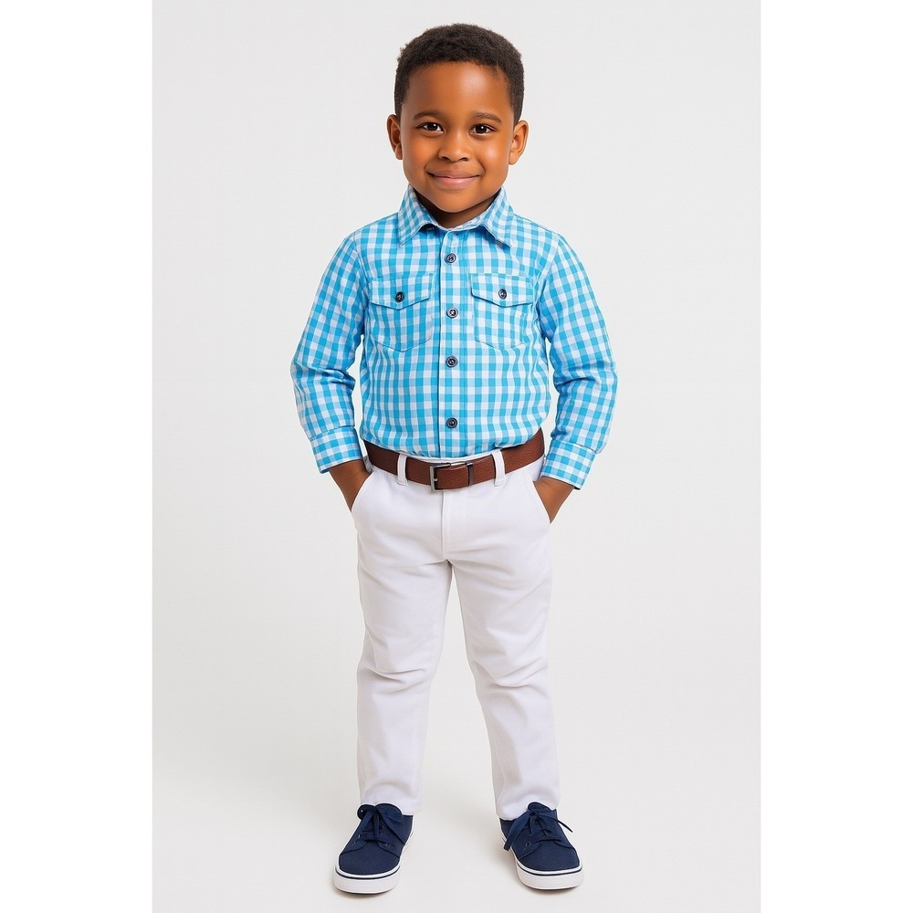 Boys' Turquoise Gingham Shirt & White Pants Set with Belt Size 7